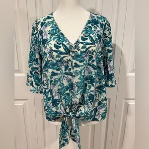 NWOT Teal floral LUSH tie front blouse